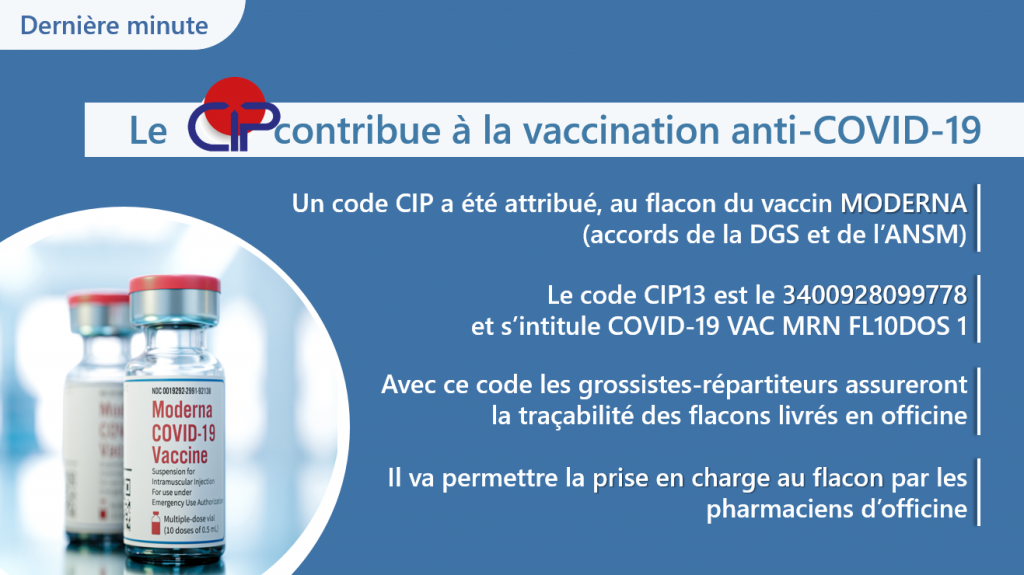 ACtu du 4 mai 2021 - Vaccination anti-COVID : un code CIP pour le flacon MODERNA !